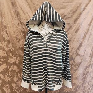 Westbound Striped Print Dark Denim Knit Hoodie, Size Petite Large, Gently Used!